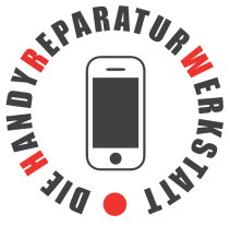 Rundes Logo der Handyreparaturwerkstatt mit Handy in der Mitte in Rot und Schwarz